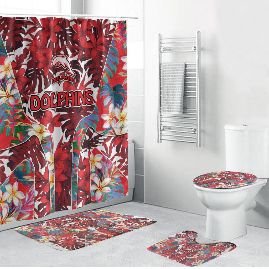 Dolphins Bathroom Set Tropical Hibiscus Floral Pattern With Red And White Accents