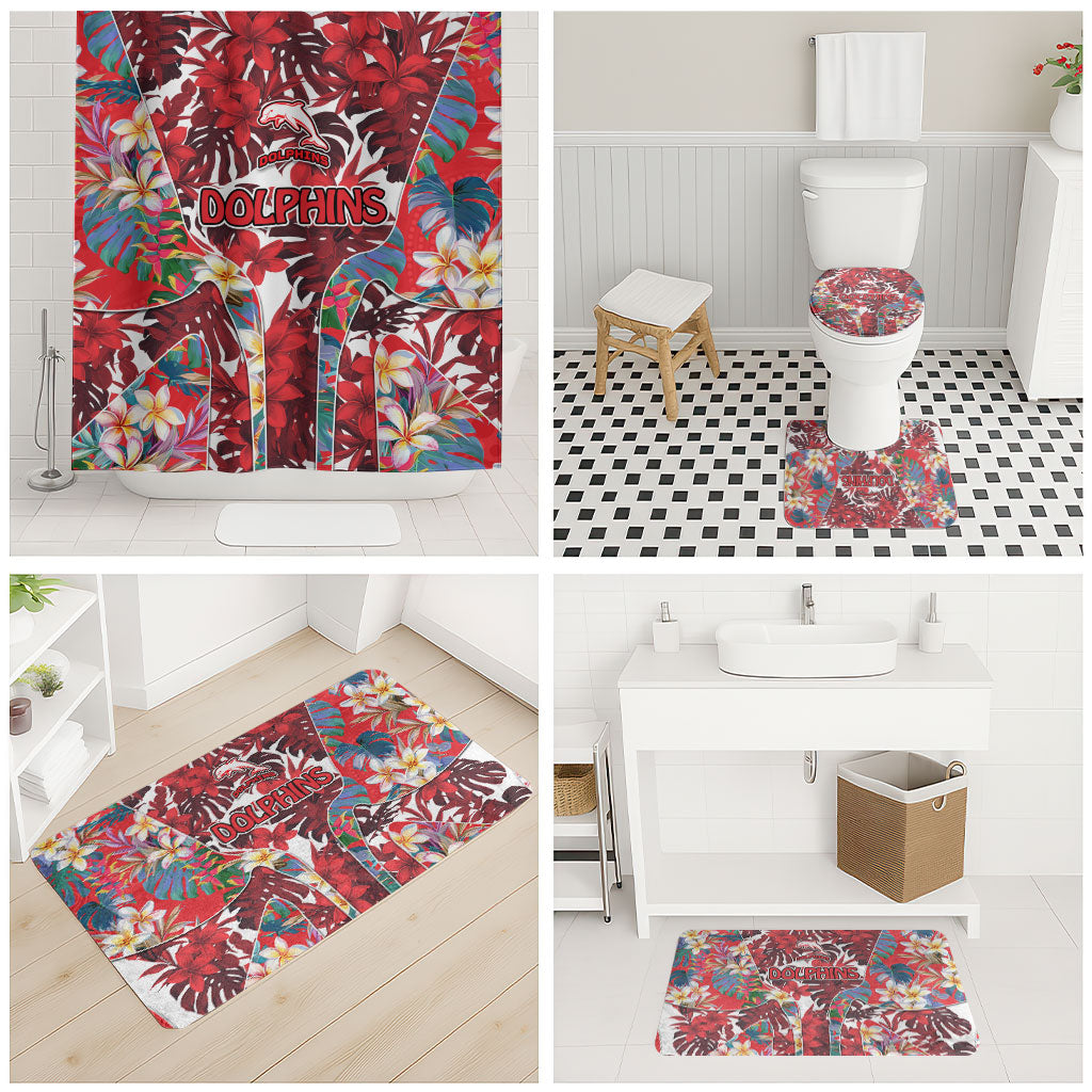 Dolphins Bathroom Set Tropical Hibiscus Floral Pattern With Red And White Accents
