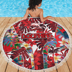 Dolphins Beach Blanket Tropical Hibiscus Floral Pattern With Red And White Accents