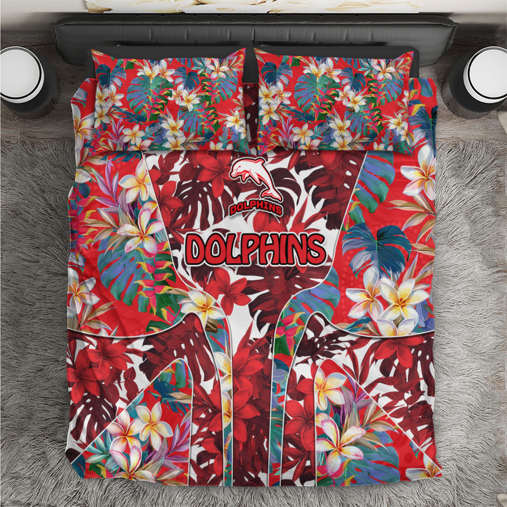 Dolphins Bedding Set Tropical Hibiscus Floral Pattern With Red And White Accents