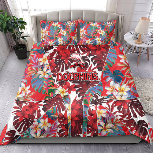 Dolphins Bedding Set Tropical Hibiscus Floral Pattern With Red And White Accents