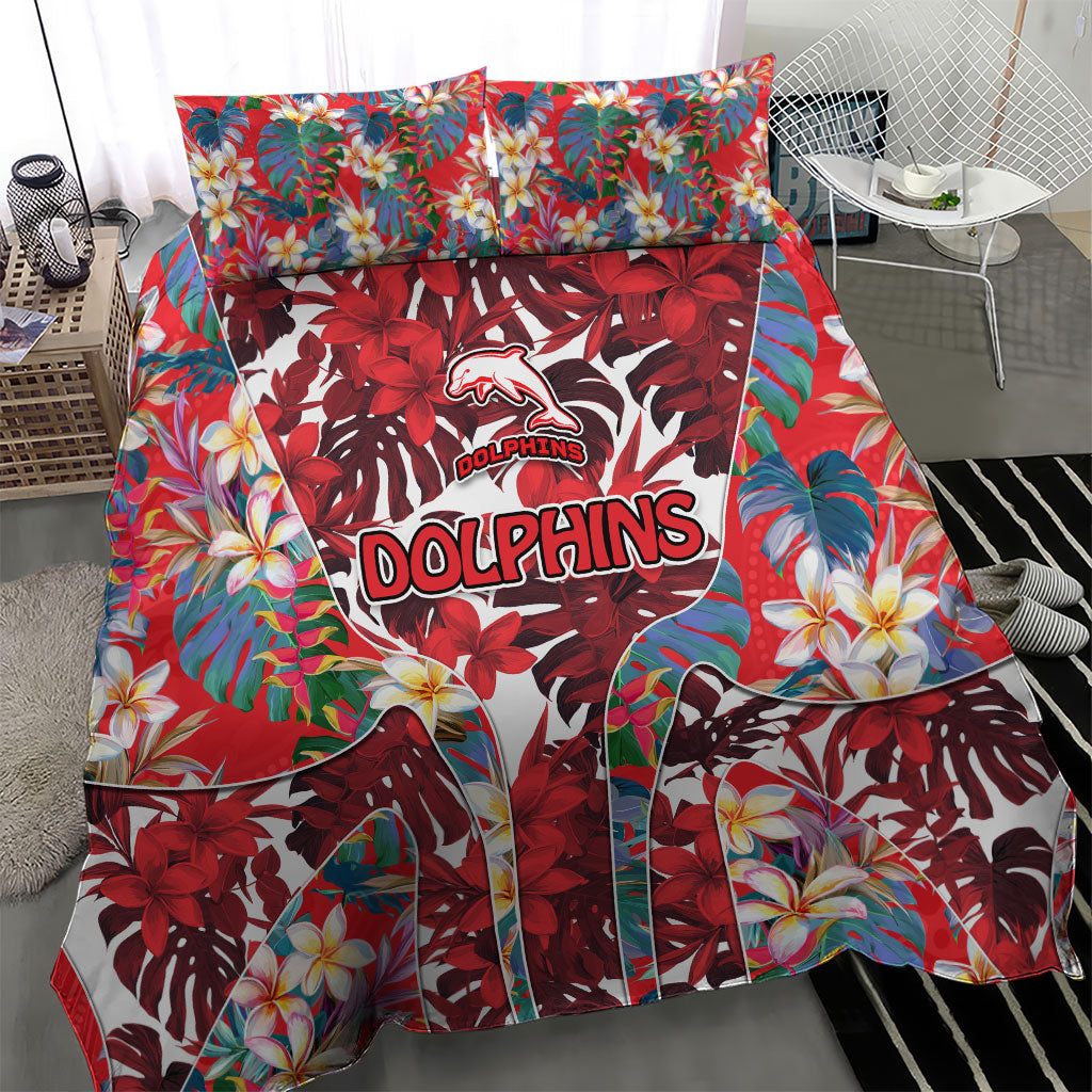 Dolphins Bedding Set Tropical Hibiscus Floral Pattern With Red And White Accents