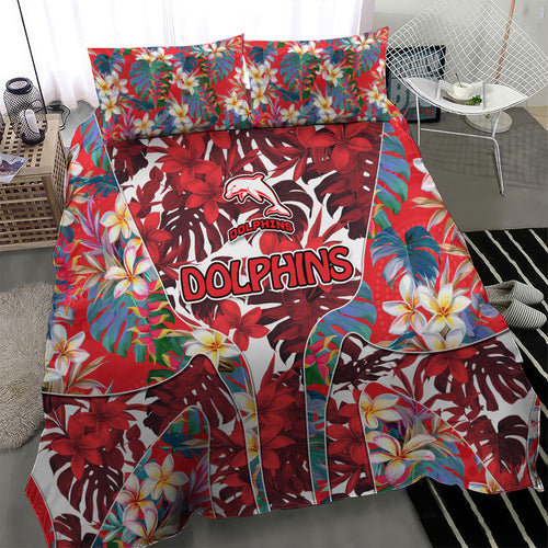 Dolphins Bedding Set Tropical Hibiscus Floral Pattern With Red And White Accents