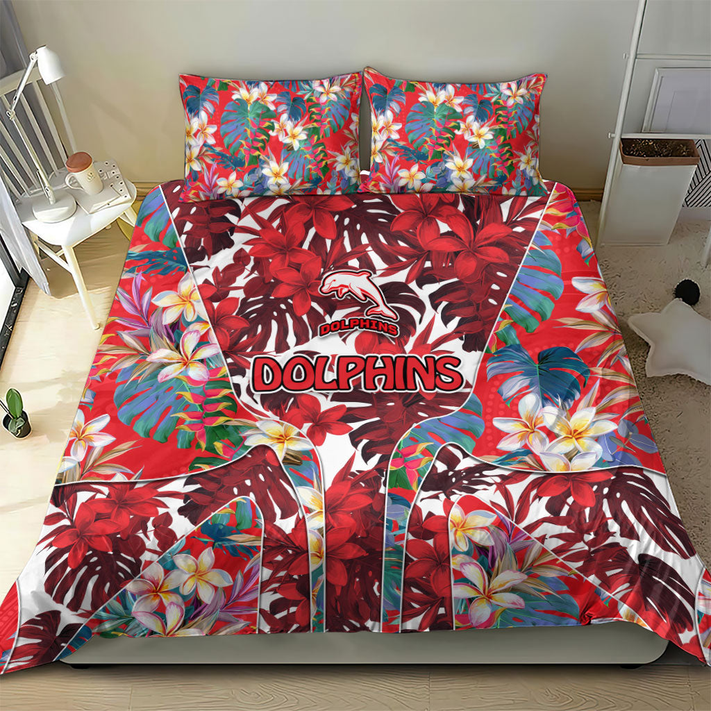 Dolphins Bedding Set Tropical Hibiscus Floral Pattern With Red And White Accents