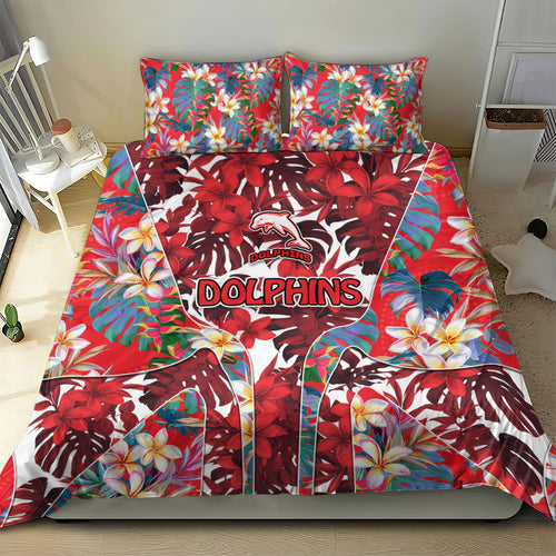 Dolphins Bedding Set Tropical Hibiscus Floral Pattern With Red And White Accents