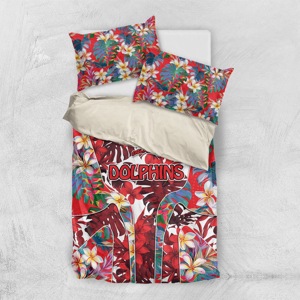Dolphins Bedding Set Tropical Hibiscus Floral Pattern With Red And White Accents