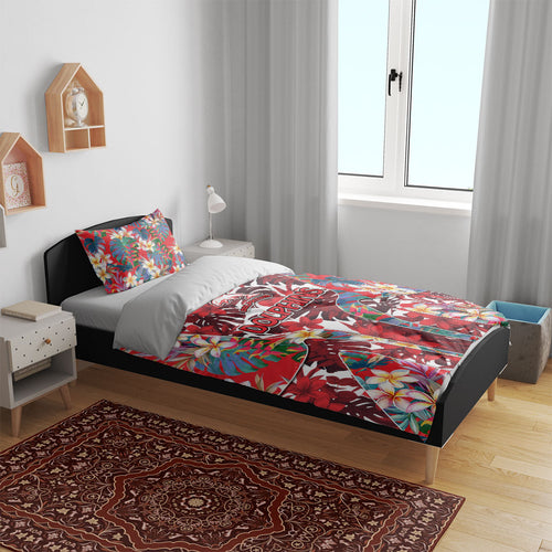 Dolphins Bedding Set Tropical Hibiscus Floral Pattern With Red And White Accents