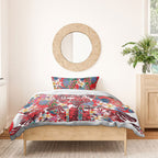 Dolphins Bedding Set Tropical Hibiscus Floral Pattern With Red And White Accents