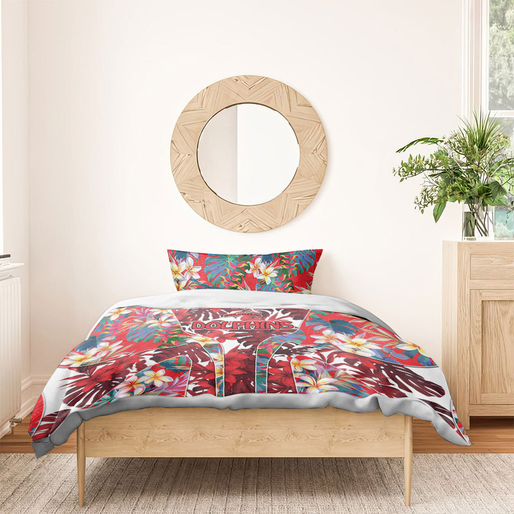 Dolphins Bedding Set Tropical Hibiscus Floral Pattern With Red And White Accents