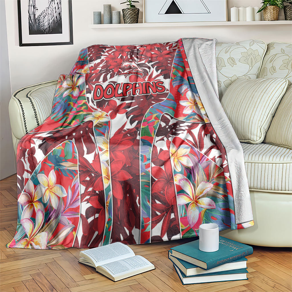 Dolphins Blanket Tropical Hibiscus Floral Pattern With Red And White Accents