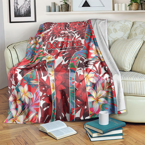Dolphins Blanket Tropical Hibiscus Floral Pattern With Red And White Accents