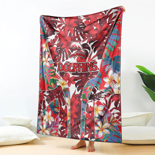 Dolphins Blanket Tropical Hibiscus Floral Pattern With Red And White Accents