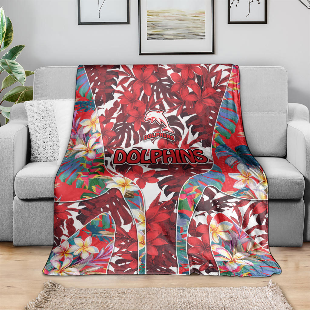 Dolphins Blanket Tropical Hibiscus Floral Pattern With Red And White Accents