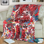 Dolphins Blanket Tropical Hibiscus Floral Pattern With Red And White Accents