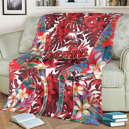 Dolphins Blanket Tropical Hibiscus Floral Pattern With Red And White Accents