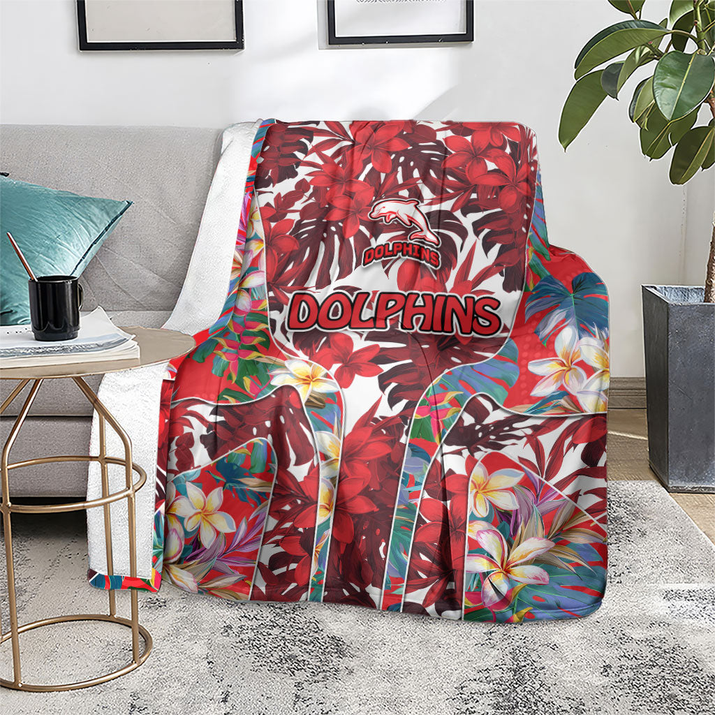 Dolphins Blanket Tropical Hibiscus Floral Pattern With Red And White Accents