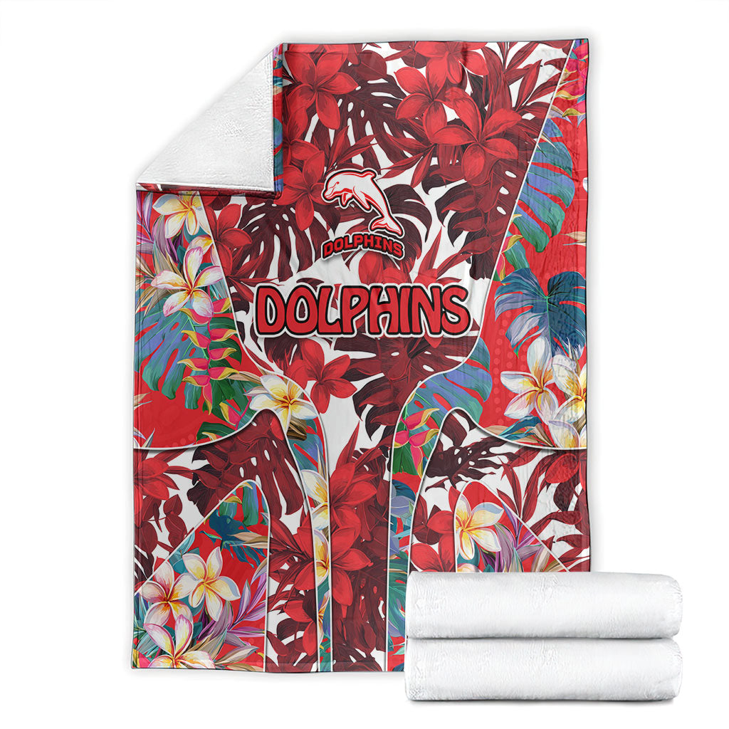 Dolphins Blanket Tropical Hibiscus Floral Pattern With Red And White Accents