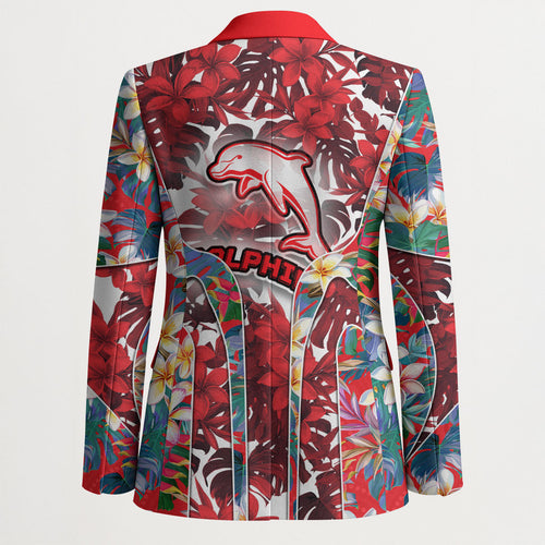 Dolphins Blazer Tropical Hibiscus Floral Pattern With Red And White Accents