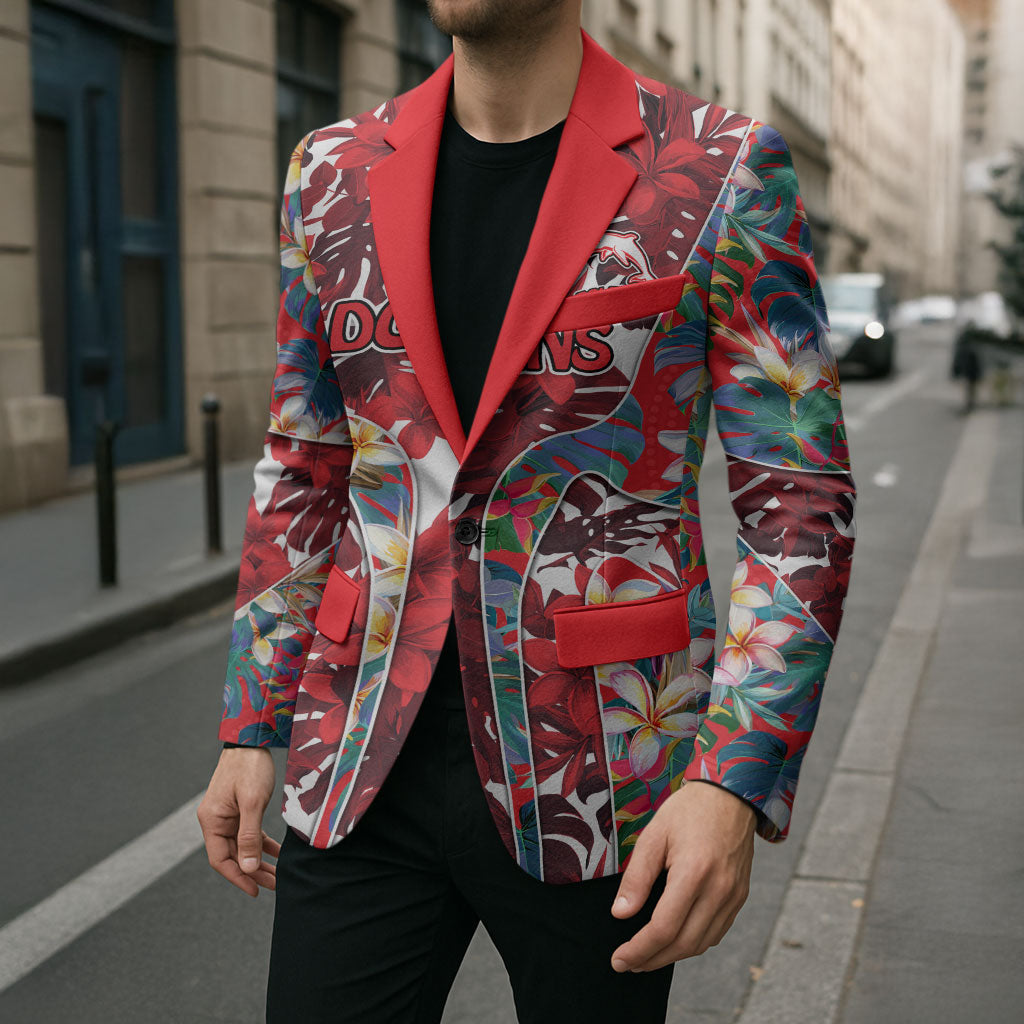 Dolphins Blazer Tropical Hibiscus Floral Pattern With Red And White Accents