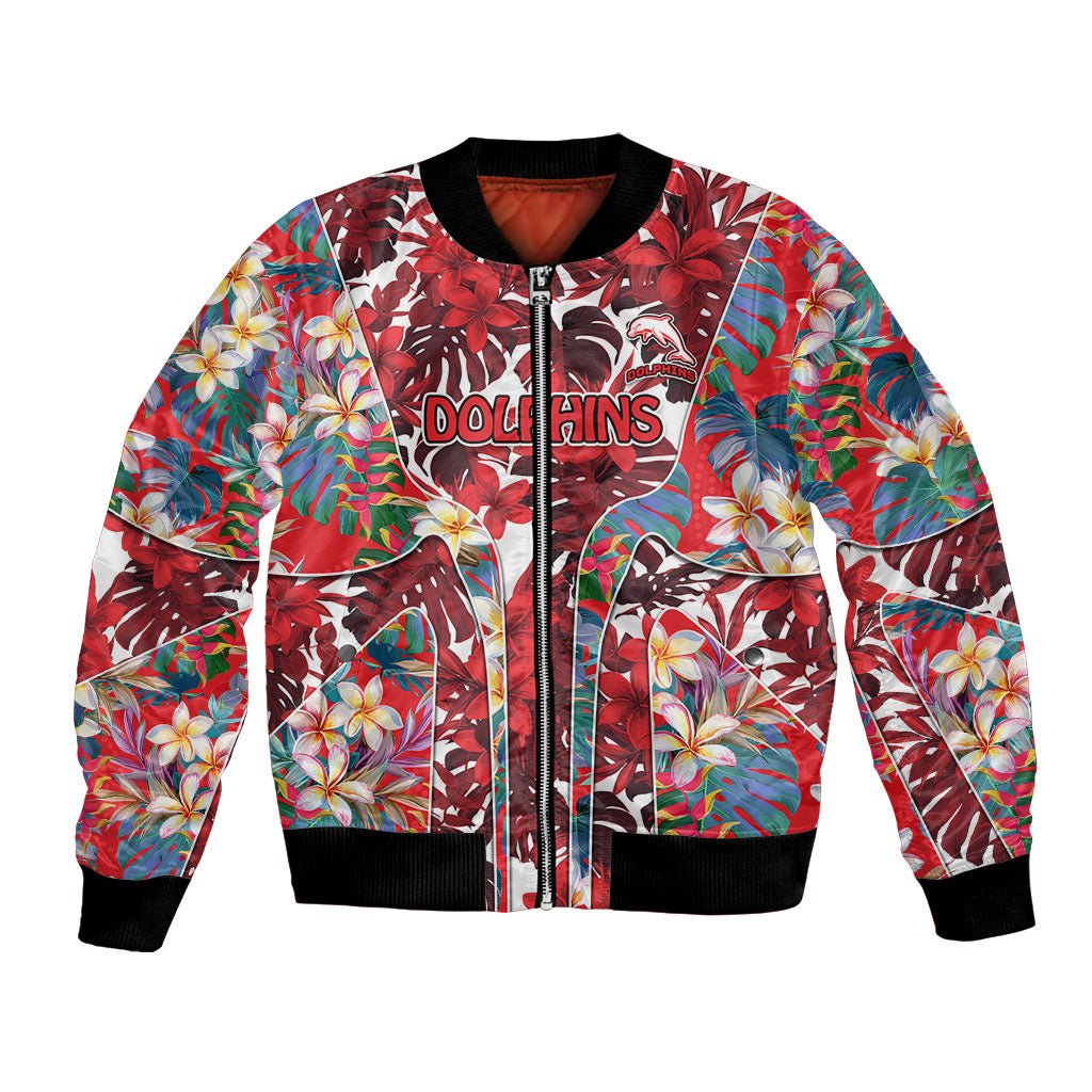 Dolphins Bomber Jacket Tropical Hibiscus Floral Pattern With Red And White Accents