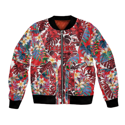 Dolphins Bomber Jacket Tropical Hibiscus Floral Pattern With Red And White Accents