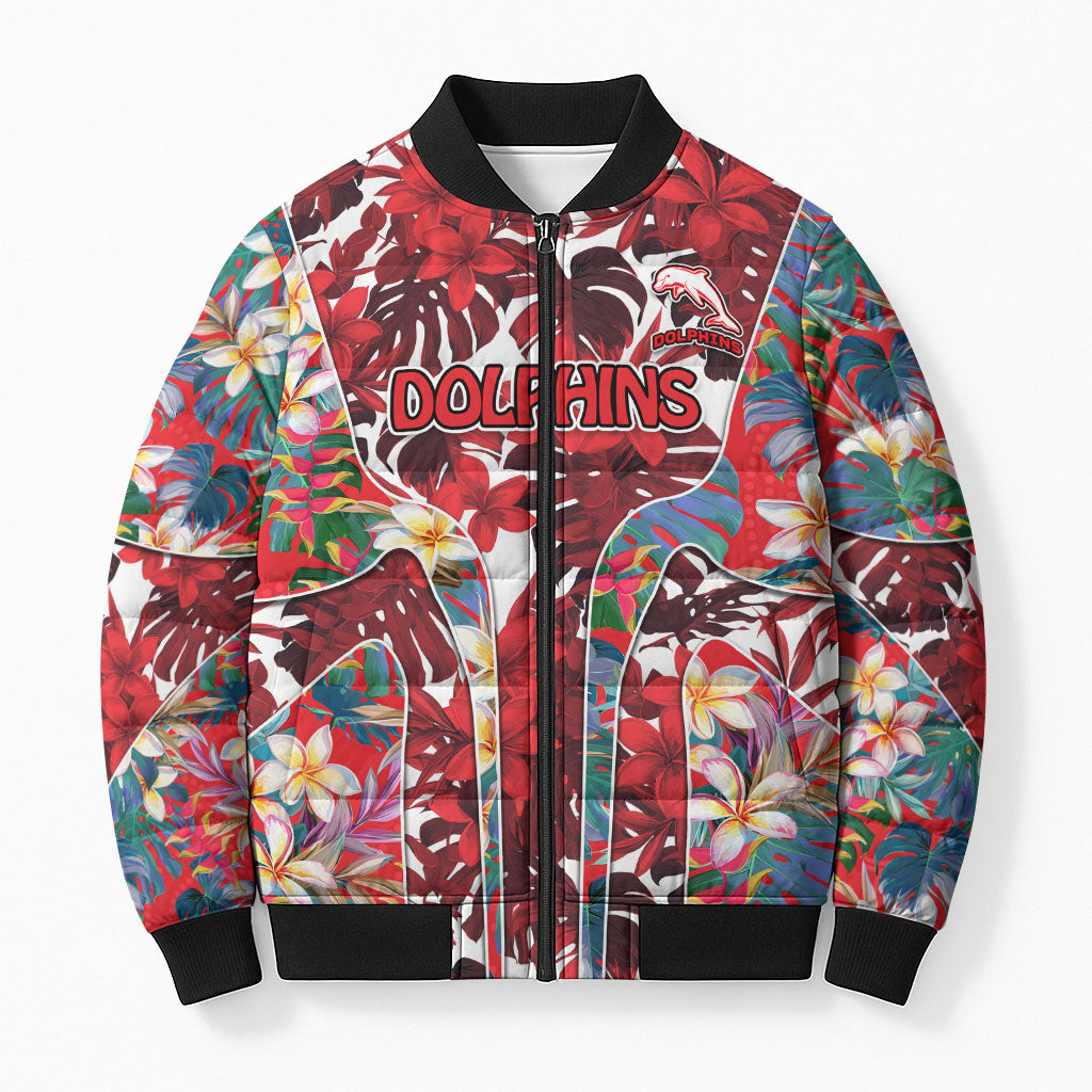 Dolphins Bomber Puffer Jacket Tropical Hibiscus Floral Pattern With Red And White Accents