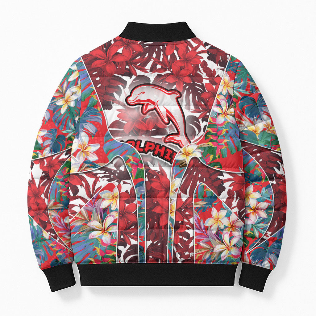 Dolphins Bomber Puffer Jacket Tropical Hibiscus Floral Pattern With Red And White Accents
