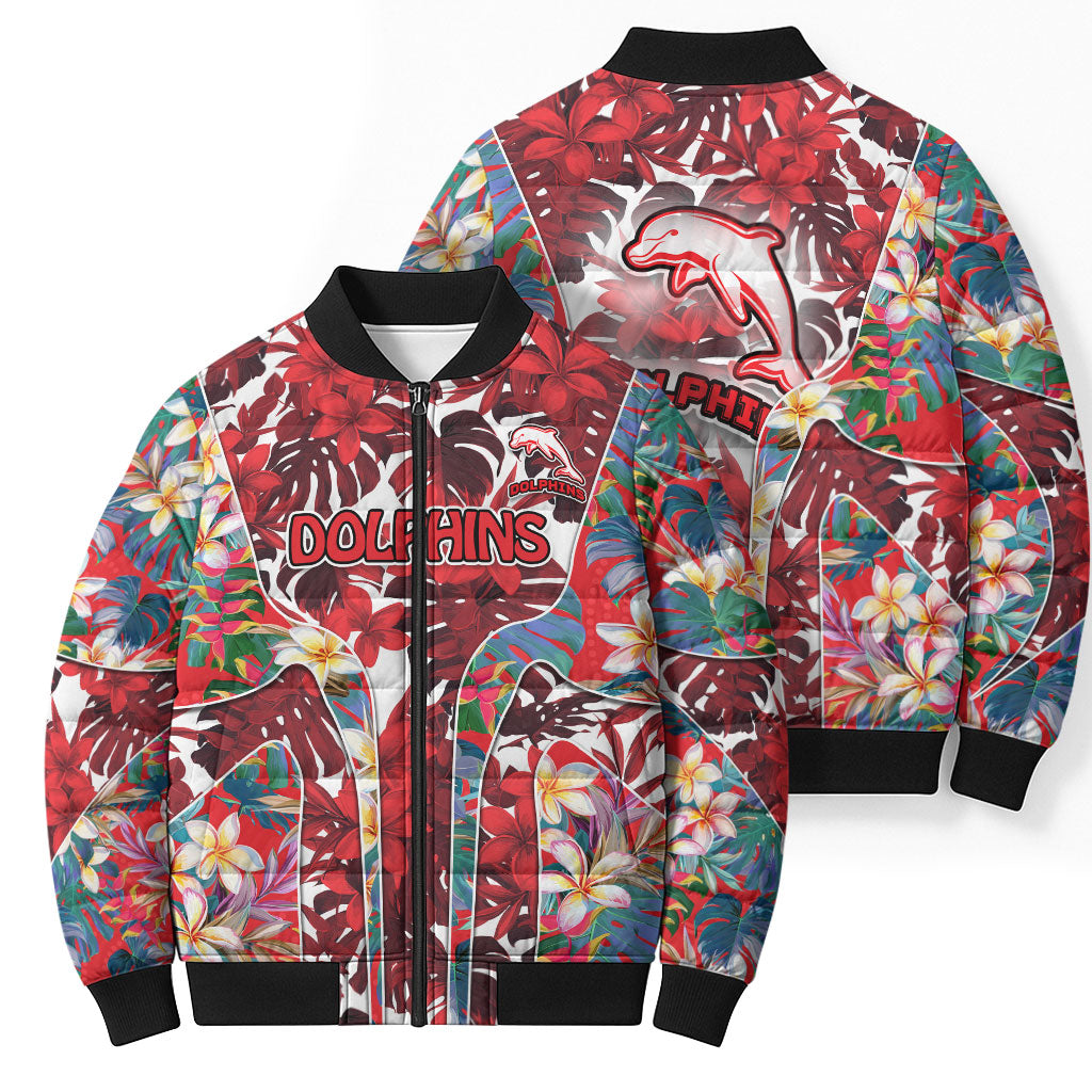 Dolphins Bomber Puffer Jacket Tropical Hibiscus Floral Pattern With Red And White Accents