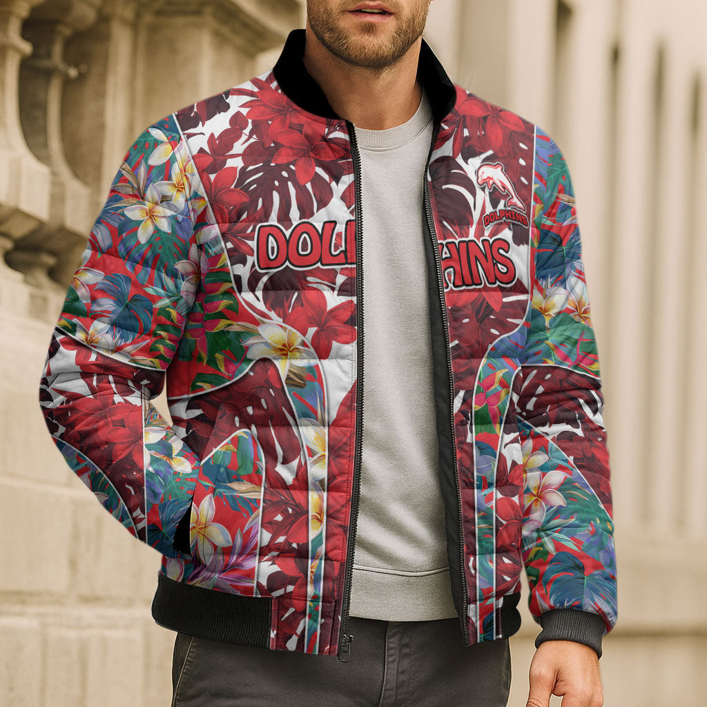 Dolphins Bomber Puffer Jacket Tropical Hibiscus Floral Pattern With Red And White Accents