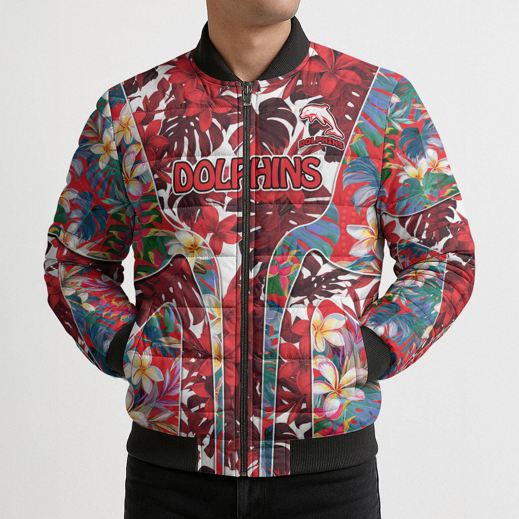 Dolphins Bomber Puffer Jacket Tropical Hibiscus Floral Pattern With Red And White Accents