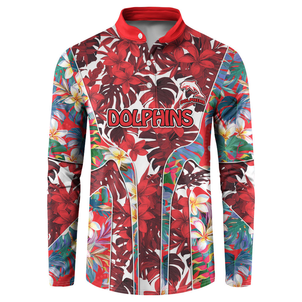 Dolphins Button Sweatshirt Tropical Hibiscus Floral Pattern With Red And White Accents