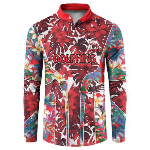 Dolphins Button Sweatshirt Tropical Hibiscus Floral Pattern With Red And White Accents