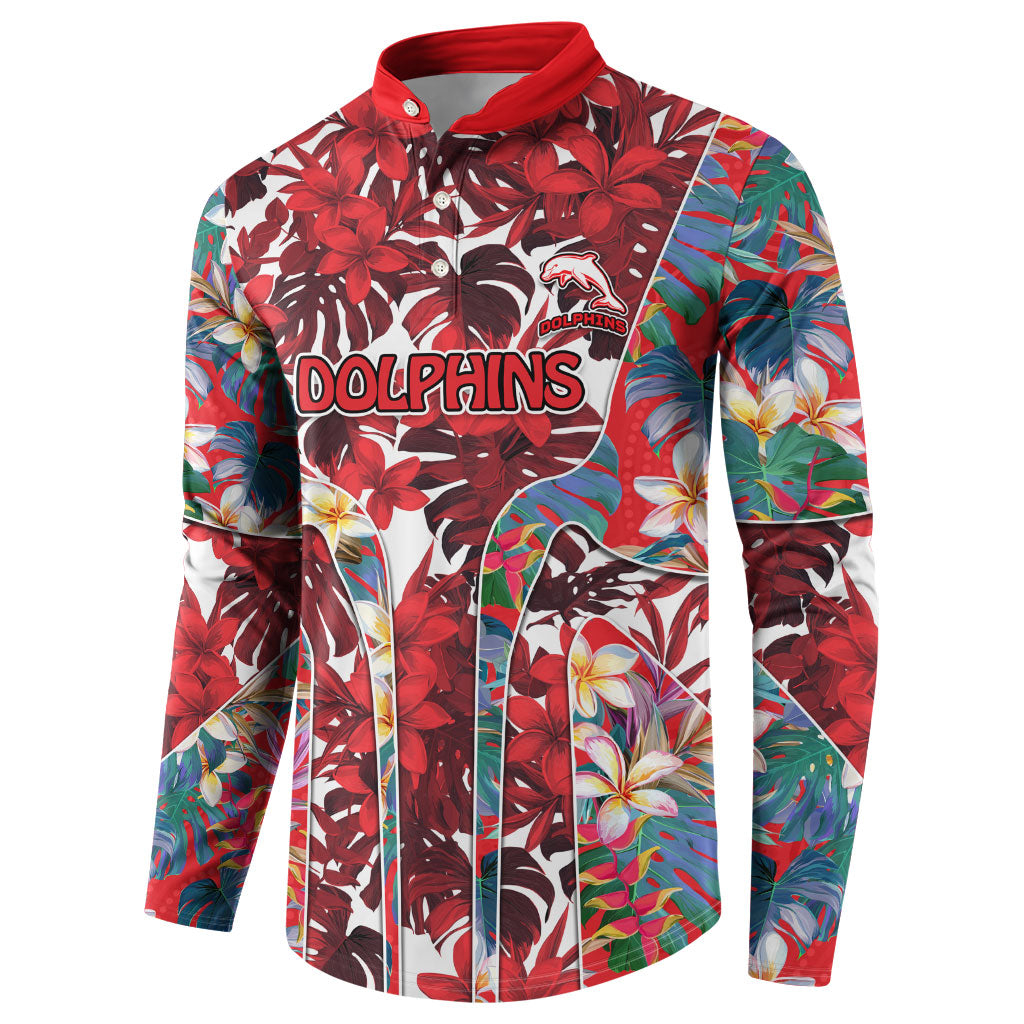 Dolphins Button Sweatshirt Tropical Hibiscus Floral Pattern With Red And White Accents