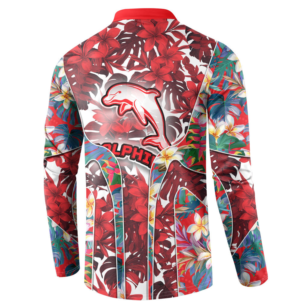 Dolphins Button Sweatshirt Tropical Hibiscus Floral Pattern With Red And White Accents