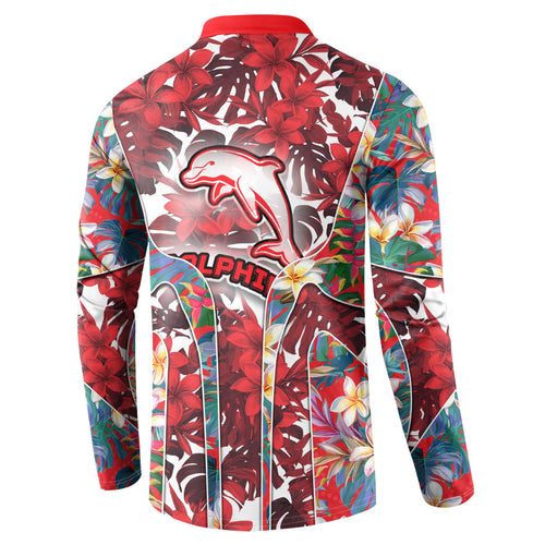 Dolphins Button Sweatshirt Tropical Hibiscus Floral Pattern With Red And White Accents