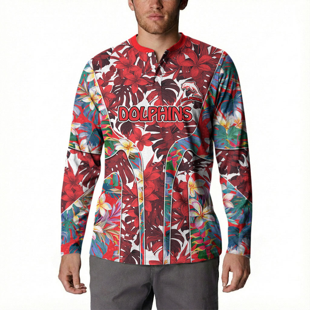 Dolphins Button Sweatshirt Tropical Hibiscus Floral Pattern With Red And White Accents