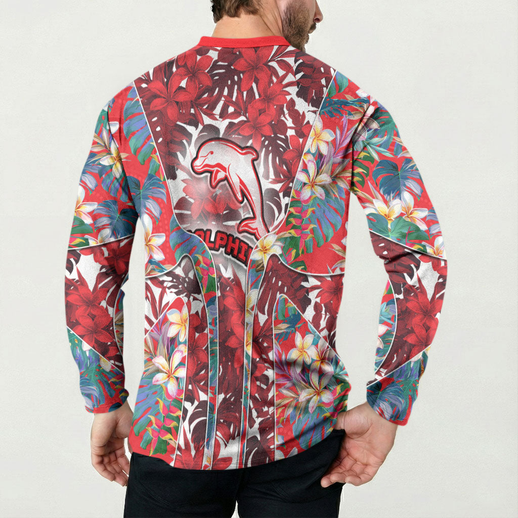 Dolphins Button Sweatshirt Tropical Hibiscus Floral Pattern With Red And White Accents