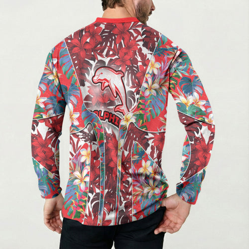Dolphins Button Sweatshirt Tropical Hibiscus Floral Pattern With Red And White Accents