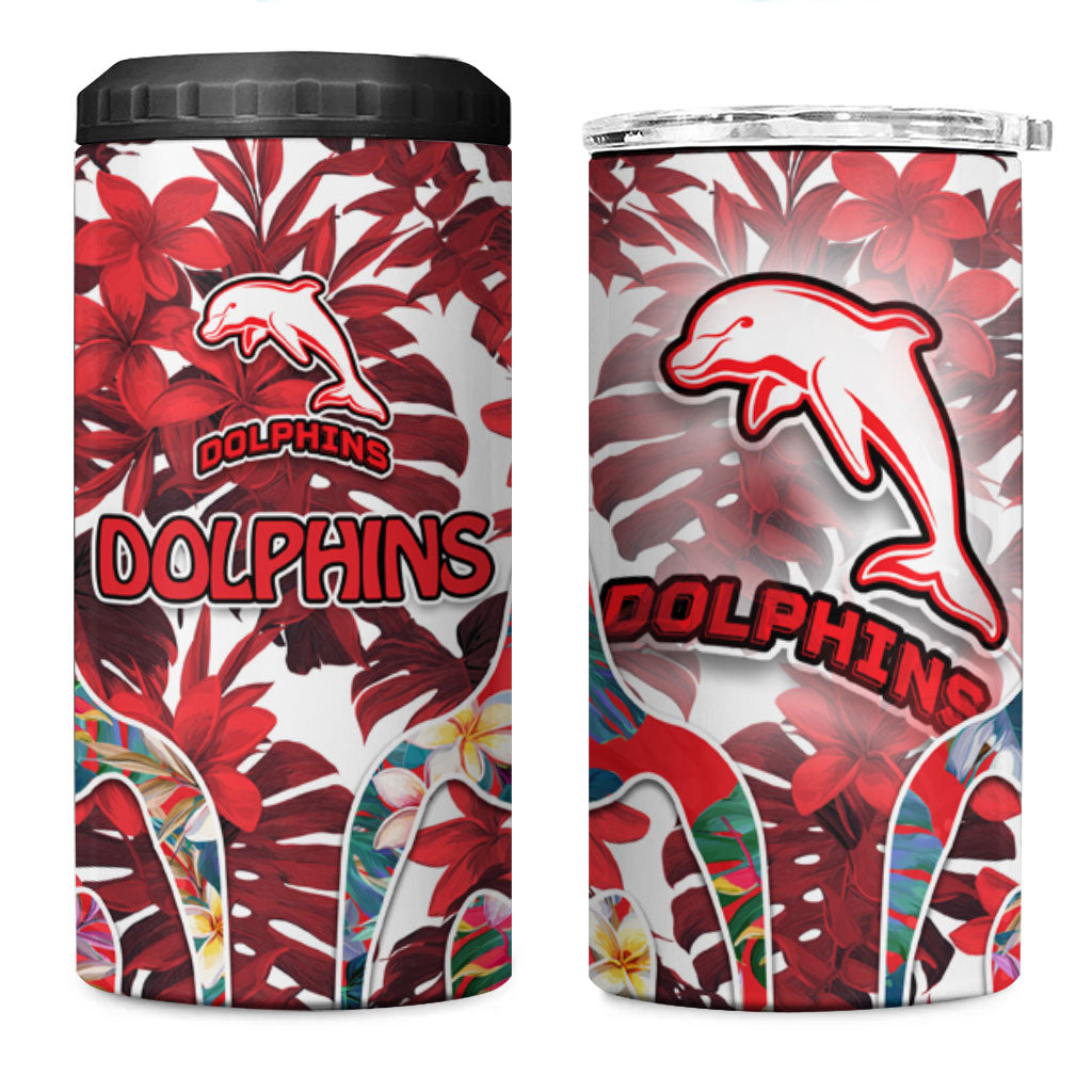 Dolphins 4 in 1 Can Cooler Tumbler Tropical Hibiscus Floral Pattern With Red And White Accents