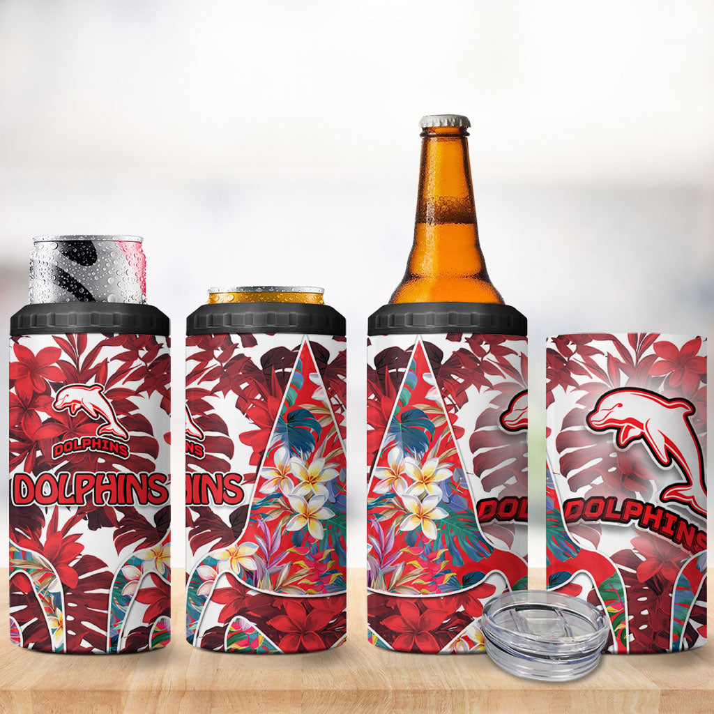 Dolphins 4 in 1 Can Cooler Tumbler Tropical Hibiscus Floral Pattern With Red And White Accents