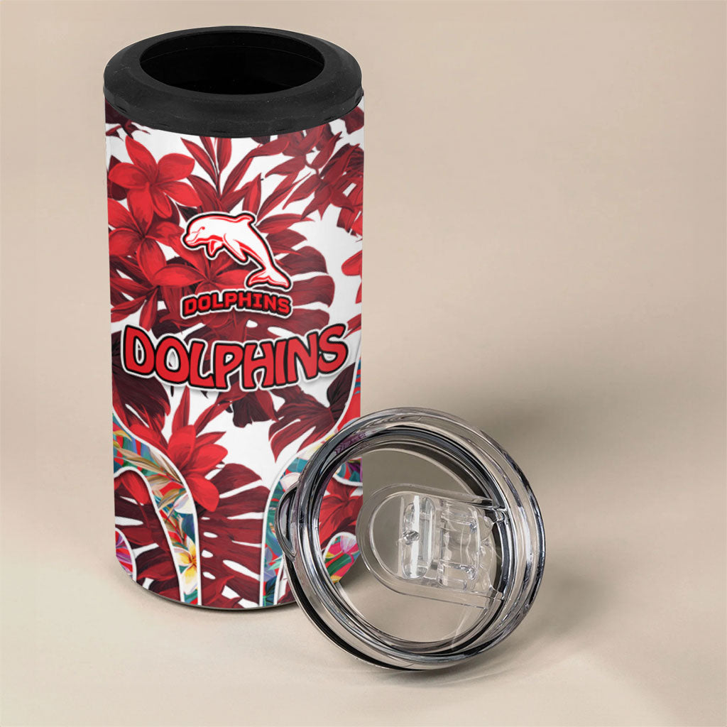 Dolphins 4 in 1 Can Cooler Tumbler Tropical Hibiscus Floral Pattern With Red And White Accents