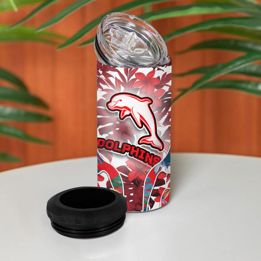 Dolphins 4 in 1 Can Cooler Tumbler Tropical Hibiscus Floral Pattern With Red And White Accents