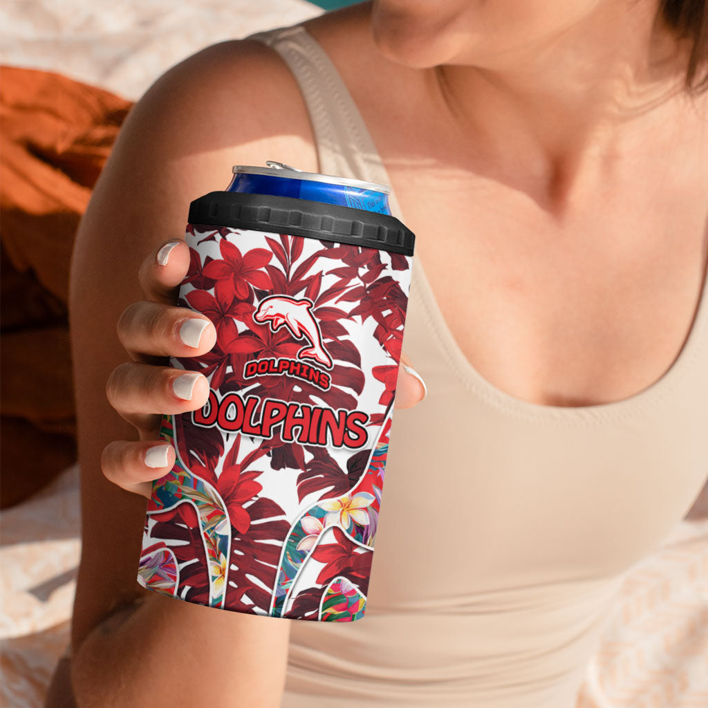 Dolphins 4 in 1 Can Cooler Tumbler Tropical Hibiscus Floral Pattern With Red And White Accents