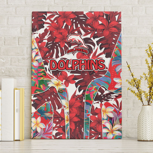 Dolphins Canvas Wall Art Tropical Hibiscus Floral Pattern With Red And White Accents