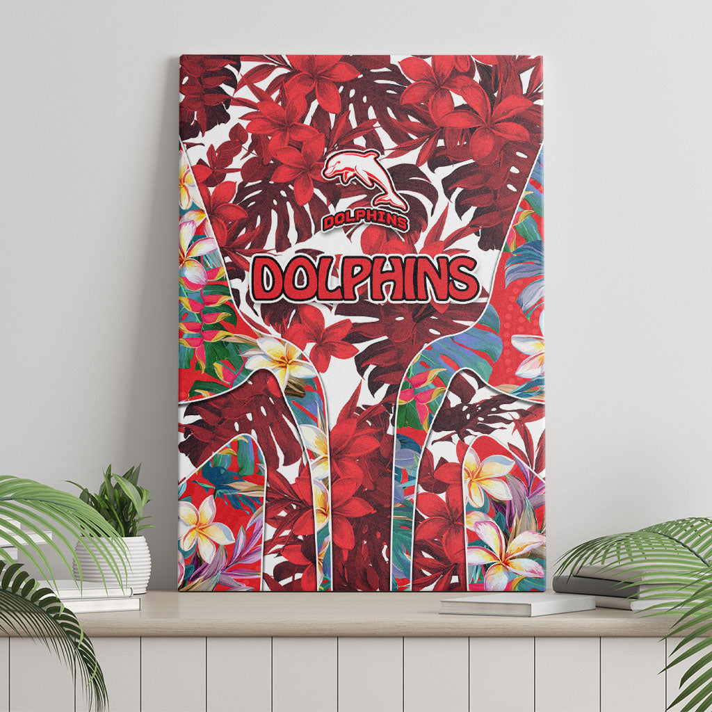 Dolphins Canvas Wall Art Tropical Hibiscus Floral Pattern With Red And White Accents