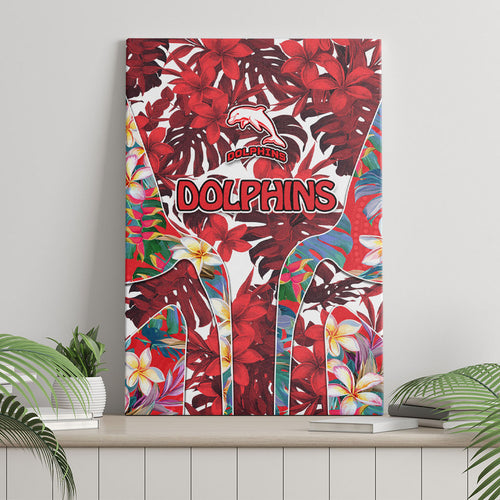 Dolphins Canvas Wall Art Tropical Hibiscus Floral Pattern With Red And White Accents