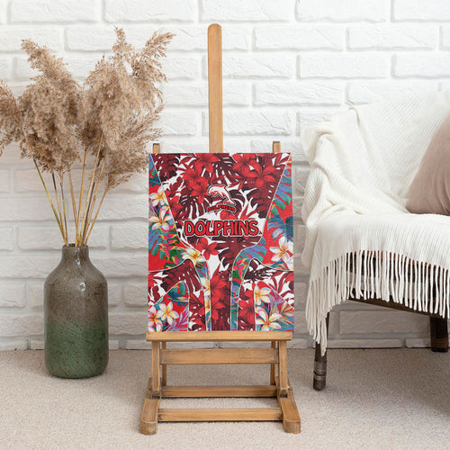Dolphins Canvas Wall Art Tropical Hibiscus Floral Pattern With Red And White Accents