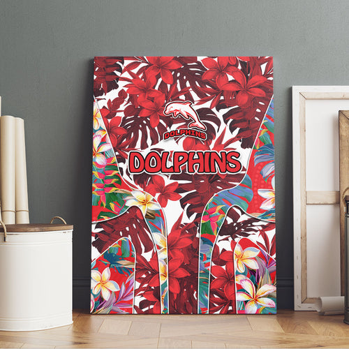 Dolphins Canvas Wall Art Tropical Hibiscus Floral Pattern With Red And White Accents
