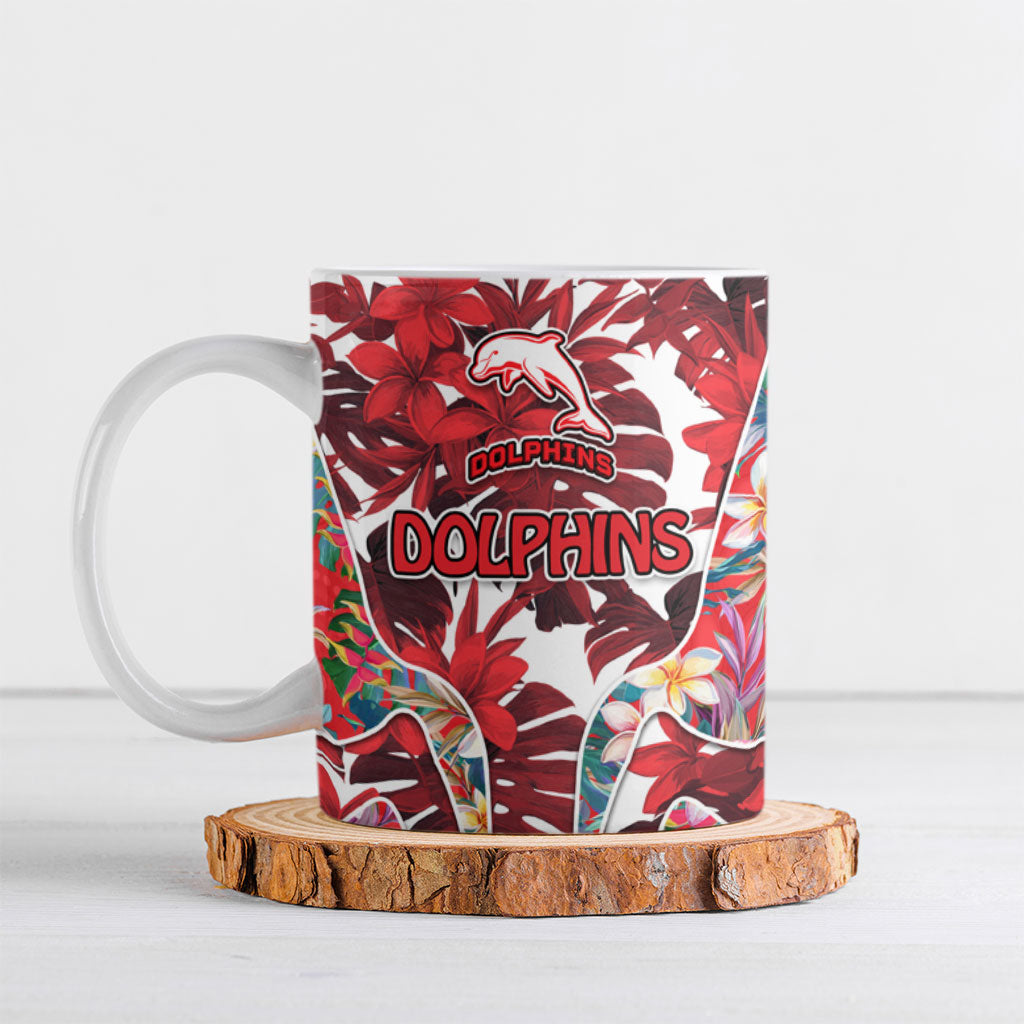 Dolphins Ceramic Mug Tropical Hibiscus Floral Pattern With Red And White Accents