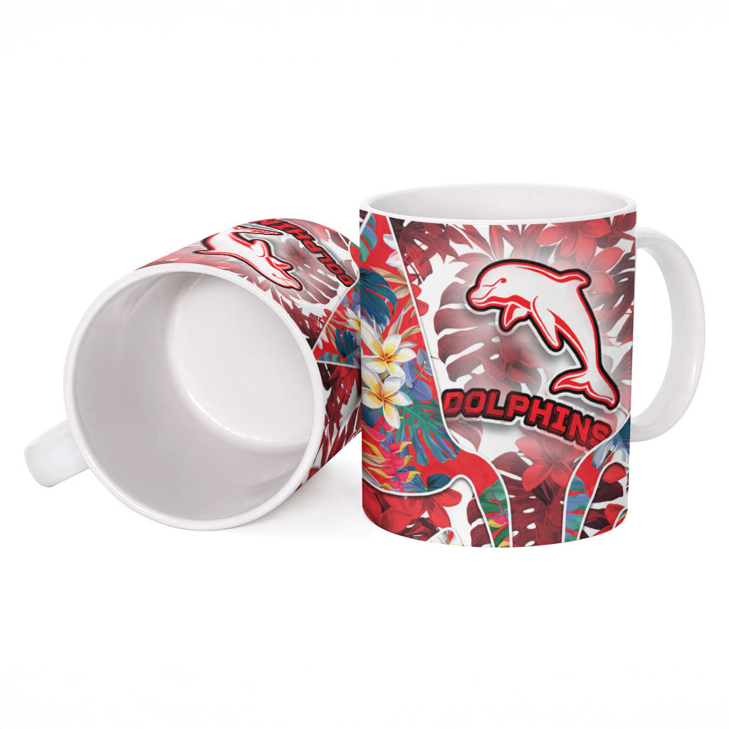Dolphins Ceramic Mug Tropical Hibiscus Floral Pattern With Red And White Accents